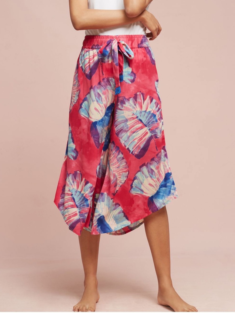 NWT Anthropologie Large Josie Pink Printed Drawstring Wide Leg Cropped Pants